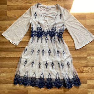 Dressfo White and Blue Embroidered Lace Dress